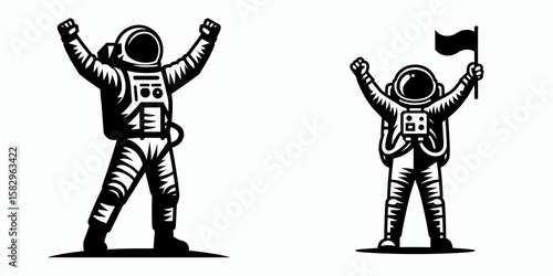 A Astronaut celebrating mission. Career Job Profession Occupation Employment Work Clipart Line Art Vector Illustration. Space explorer enjoying orbital journey achievement victory in cosmos.