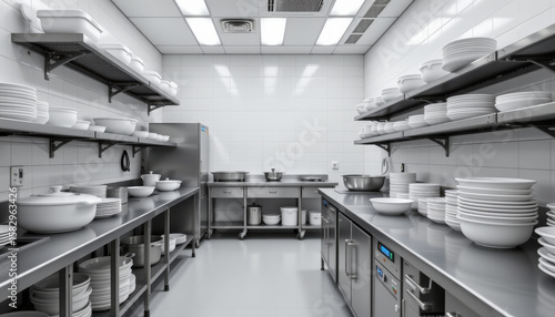 Commercial kitchen with stainless steel counters and shelves filled with white ceramic plates and bowls in clean, organized space