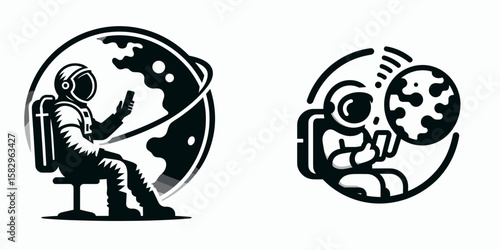 A Astronaut communicating with Earth. Career Job Profession Occupation Employment Work Clipart Line Art Vector Illustration. Spaceman relaying message to home planet using equipment stellar.