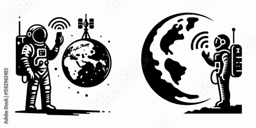 A Astronaut communicating with Earth. Career Job Profession Occupation Employment Work Clipart Line Art Vector Illustration. Spaceman relaying message to planet cosmic talk from outer space.