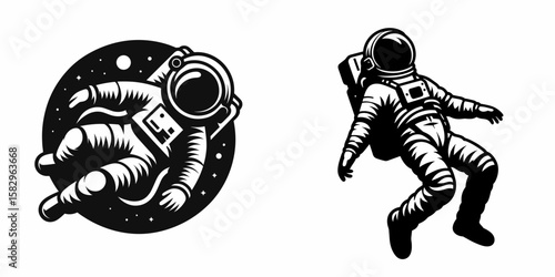 A Astronaut floating in space. Career Job Profession Occupation Employment Work Clipart Line Art Vector Illustration. Spaceman adrift cosmic void explorer zero gravity sky diver orbit.