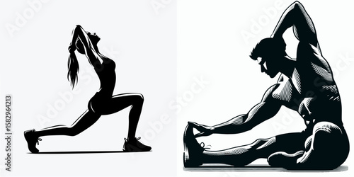 A Athlete stretching before game. Career Job Profession Occupation Employment Work Clipart Line Art Vector Illustration. sport participant flexing body prior to contest for physical.