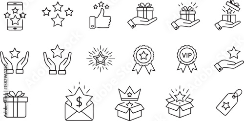 Star rating gift and award icons mobile phone stars, star rating, mobile phone, stars, thumbs up, gift box, hand holding gift, award ribbon, vip badge, open gift box, star in envelope, money, crown, t