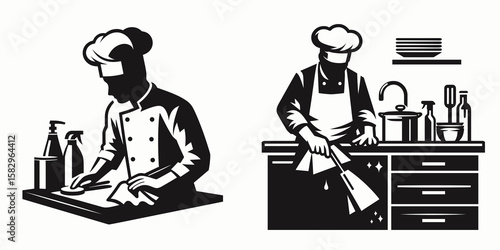 A Chef cleaning workspace. Career Job Profession Occupation Employment Work Clipart Line Art Vector Illustration. Cook tidying kitchen zone ensuring neat preparation surface for cuisine.