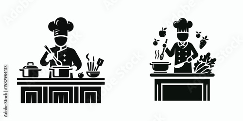A Chef cooking in kitchen. Career Job Profession Occupation Employment Work Clipart Line Art Vector Illustration. Eatery expert making meal inside culinary space restaurant worker preparing.