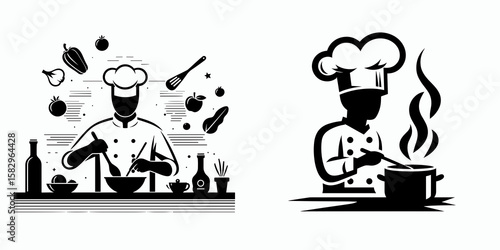 A Chef cooking in kitchen. Career Job Profession Occupation Employment Work Clipart Line Art Vector Illustration. Cuisine expert preparing meal inside food preparation area.