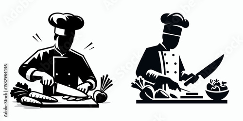 A Chef chopping vegetables. Career Job Profession Occupation Employment Work Clipart Line Art Vector Illustration. Cook slicing produce for dish preparation culinary in kitchen.