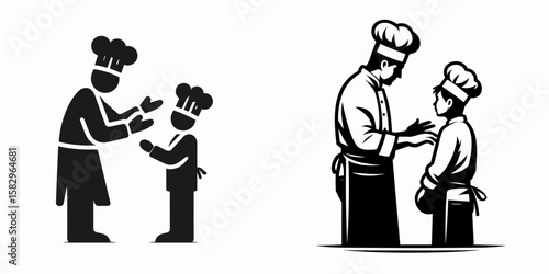 A Chef teaching apprentice. Career Job Profession Occupation Employment Work Clipart Line Art Vector Illustration. Culinary expert instructing novice kitchen skill learning and preparation.