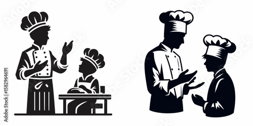 A Chef teaching apprentice. Career Job Profession Occupation Employment Work Clipart Line Art Vector Illustration. Cook guiding learner about culinary for skill development guidance.