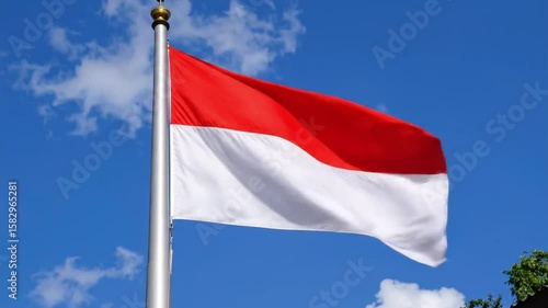 Waving Indonesian Flag in Blue Sky: National Symbol of Indonesia, Patriotism & Independence Day, Freedom & Unity Background Footage


