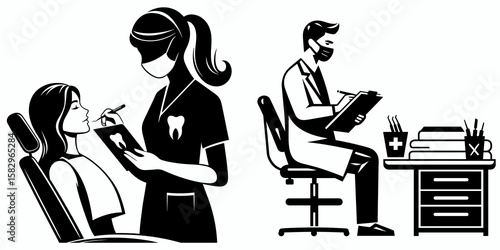 A Dentist scheduling appointment. Career Job Profession Occupation Employment Work Clipart Line Art Vector Illustration. Book oral healthcare visit clinician planning patient checkup date.