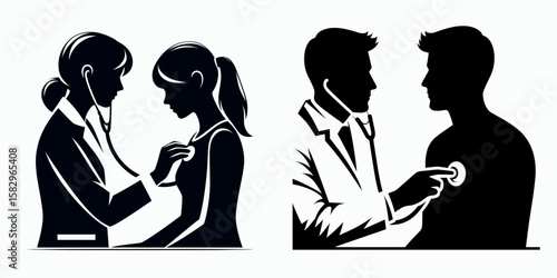 A Doctor checking patients heartbeat. Career Job Profession Occupation Employment Work Clipart Line Art Vector Illustration. medic doing cardiac exam of person using stethoscope to listen.