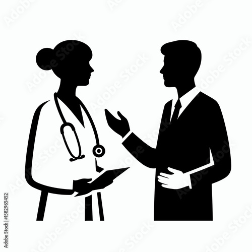 A Doctor explaining diagnosis. Career Job Profession Occupation Employment Work Clipart Line Art Vector Illustration. medic giving ailment info health professional showing condition.
