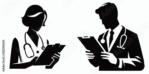 A Doctor reading medical chart. Career Job Profession Occupation Employment Work Clipart Line Art Vector Illustration. medic viewing patient record studying health data at.