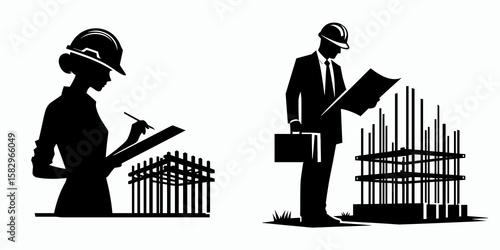 A Engineer inspecting structure. Career Job Profession Occupation Employment Work Clipart Line Art Vector Illustration. builder checking framework integrity for safety and code compliance.