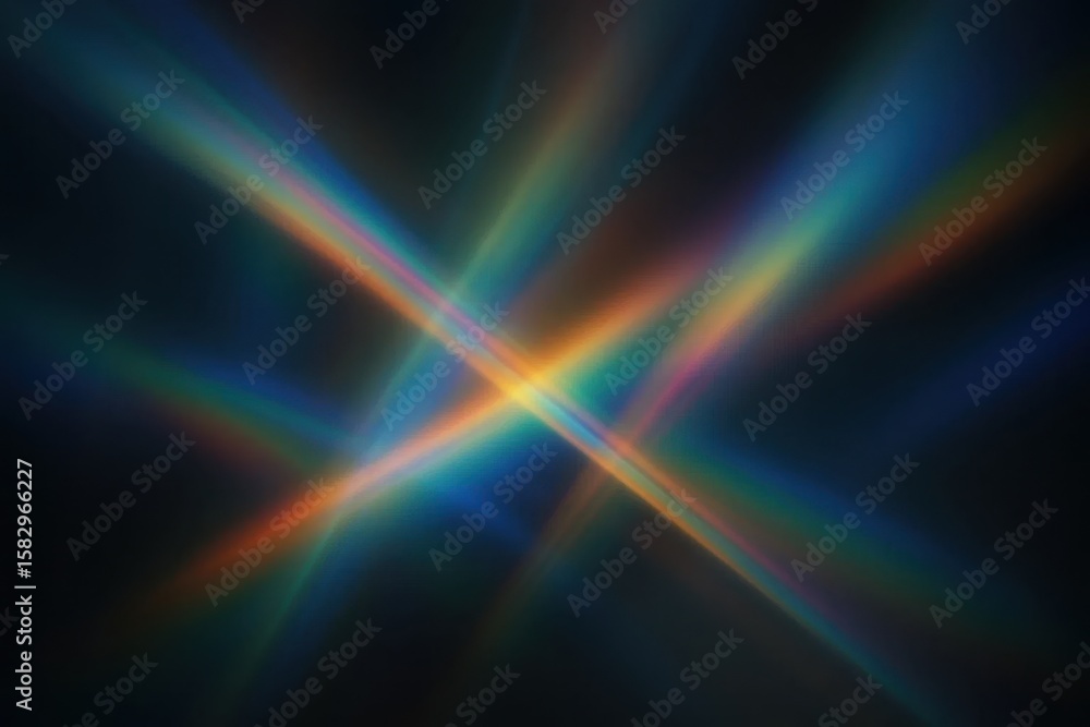 Fototapeta premium Dynamic prism light streaks on a dark background, creating an abstract and vibrant isolated illustration with colorful refractions and intersecting rays.