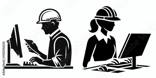 A Engineer using computer. Career Job Profession Occupation Employment Work Clipart Line Art Vector Illustration. builder employing digital device expert working with electronic hardware.