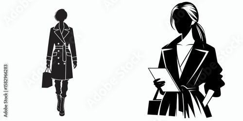 A Fashion designer attending show. Career Job Profession Occupation Employment Work Clipart Line Art Vector Illustration. Garment creator at display viewing innovative apparel on public.