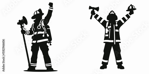 A Firefighter celebrating teamwork. Career Job Profession Occupation Employment Work Clipart Line Art Vector Illustration. Emergency responder valuing association group victory at blaze.