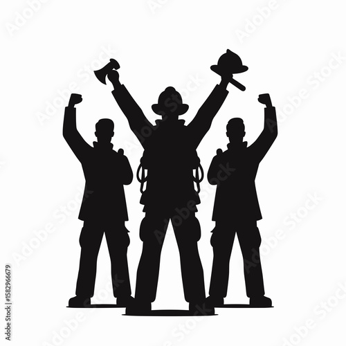 A Firefighter celebrating teamwork. Career Job Profession Occupation Employment Work Clipart Line Art Vector Illustration. Brave rescuer enjoys unity helping during emergency showing.