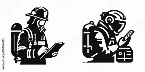 A Firefighter checking equipment. Career Job Profession Occupation Employment Work Clipart Line Art Vector Illustration. public servant ensuring safety gear is ready before responding.