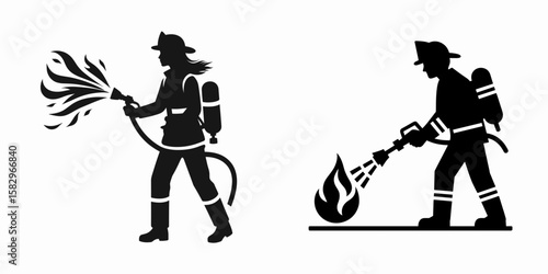 A Firefighter extinguishing fire. Career Job Profession Occupation Employment Work Clipart Line Art Vector Illustration. Heroic rescuer putting out blaze protection job danger occupation.