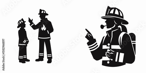 A Firefighter giving safety talk. Career Job Profession Occupation Employment Work Clipart Line Art Vector Illustration. Fire rescuer presenting danger prevention discussion for public.