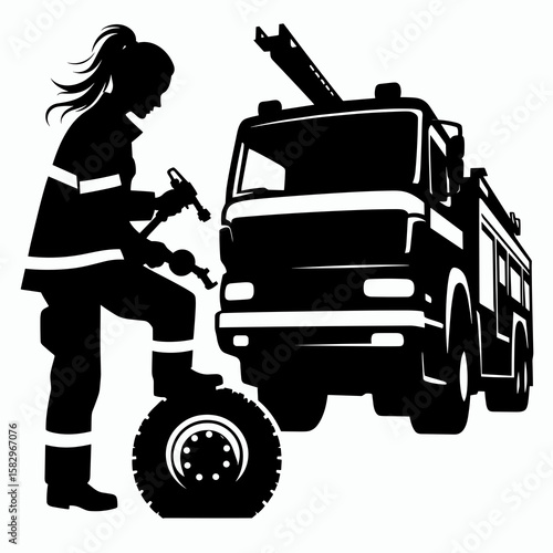 A Firefighter maintaining truck. Career Job Profession Occupation Employment Work Clipart Line Art Vector Illustration. Emergency responder keeping vehicle in good repair for duty.