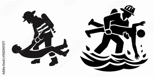 A Firefighter rescuing person. Career Job Profession Occupation Employment Work Clipart Line Art Vector Illustration. Emergency responder saving citizen public safety worker aiding.