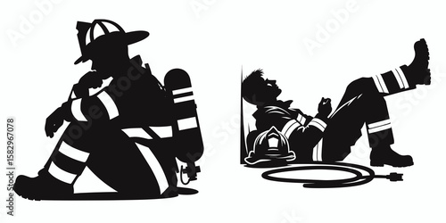 A Firefighter resting after mission. Career Job Profession Occupation Employment Work Clipart Line Art Vector Illustration. Tired rescuer taking break following hazard control operation.