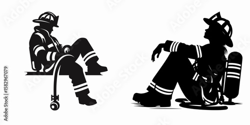 A Firefighter resting after mission. Career Job Profession Occupation Employment Work Clipart Line Art Vector Illustration. brave first responder taking break calm following rescue.