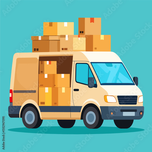 Illustration of a delivery van overloaded with cardboard boxes, suitable for concepts related to moving, shipping, relocation, or small business logistics.