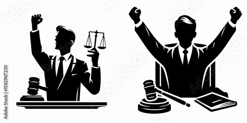 A Lawyer celebrating verdict. Career Job Profession Occupation Employment Work Clipart Line Art Vector Illustration. Attorney enjoys positive judgment legal professional achieves win.