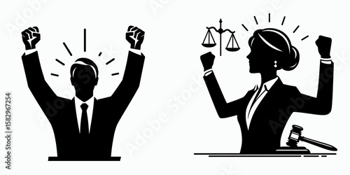 A Lawyer celebrating verdict. Career Job Profession Occupation Employment Work Clipart Line Art Vector Illustration. Attorney enjoys outcome legal professional pleased after positive.