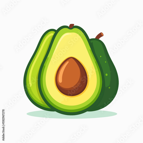 Illustration of fresh avocados, one halved to show the pit, set against a clean white backdrop, symbolizing healthy eating and simple, natural goodness.