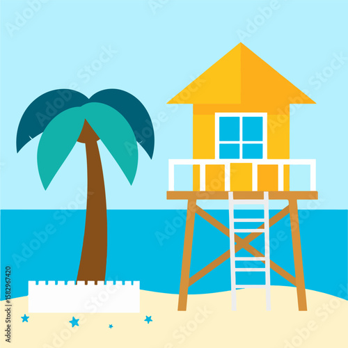 Vector illustration of a lifeguard tower on a sunny beach with a palm tree and a sandcastle, perfect for summer vacation, coastal themes, or playful designs.