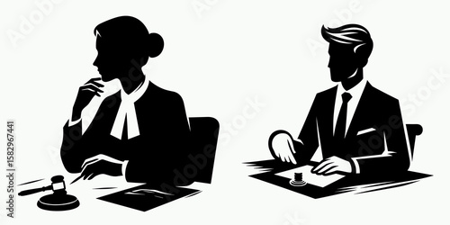 A Lawyer negotiating deal. Career Job Profession Occupation Employment Work Clipart Line Art Vector Illustration. Attorney brokering accord guidance on contract terms and lawful compromise.