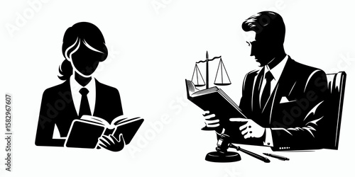 A Lawyer researching laws. Career Job Profession Occupation Employment Work Clipart Line Art Vector Illustration. Attorney examining regulation legal expert studying justice system.