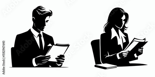 A Lawyer reading legal documents. Career Job Profession Occupation Employment Work Clipart Line Art Vector Illustration. Attorney viewing official paperwork involving lawful files.