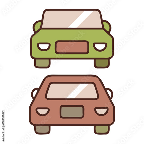 Two simple cartoon cars one green and one brown facing forward