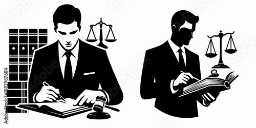 A Lawyer researching laws. Career Job Profession Occupation Employment Work Clipart Line Art Vector Illustration. Attorney examining regulation legal expert digging into rule and statute.