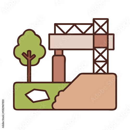 Construction crane working on a site with a tree and excavated area