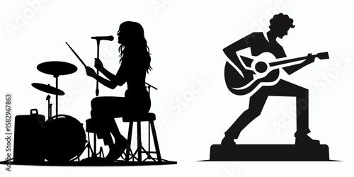 A Musician performing on stage. Career Job Profession Occupation Employment Work Clipart Line Art Vector Illustration. Instrumentalist display rostrum live gig presentation.