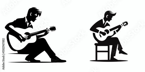 A Musician playing guitar. Career Job Profession Occupation Employment Work Clipart Line Art Vector Illustration. Instrumental performer strumming acoustic or electric six-string music maker.