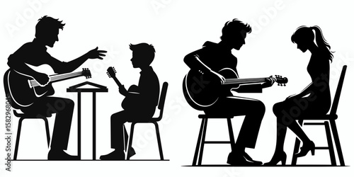 A Musician teaching student. Career Job Profession Occupation Employment Work Clipart Line Art Vector Illustration. An instrumentalist guiding learner music education concept skill sharing.