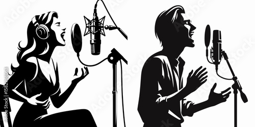 A Musician singing passionately. Career Job Profession Occupation Employment Work Clipart Line Art Vector Illustration. Performer vocalizing emotion with devotion music form vocalist.