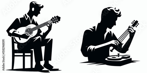 A Musician tuning instrument. Career Job Profession Occupation Employment Work Clipart Line Art Vector Illustration. Instrumentalist preparing audio device adjusting acoustic gear.