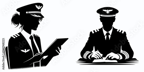 A Pilot attending briefing. Career Job Profession Occupation Employment Work Clipart Line Art Vector Illustration. Aviator joins preflight session for flight preparation and safety.