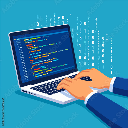 Illustration of hands typing on a laptop displaying colorful computer code, against a blue background with binary code, representing software development.