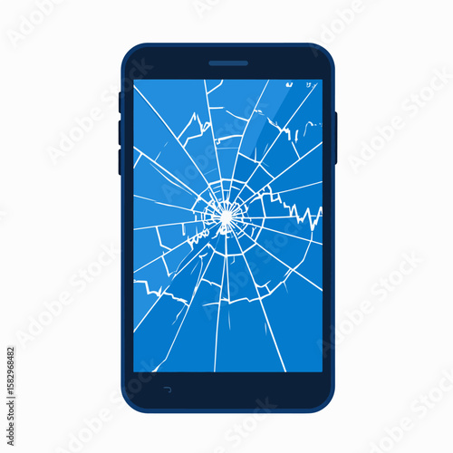 Illustration of a damaged blue smartphone with a shattered screen, depicting the fragility of technology and the need for repairs or replacements.